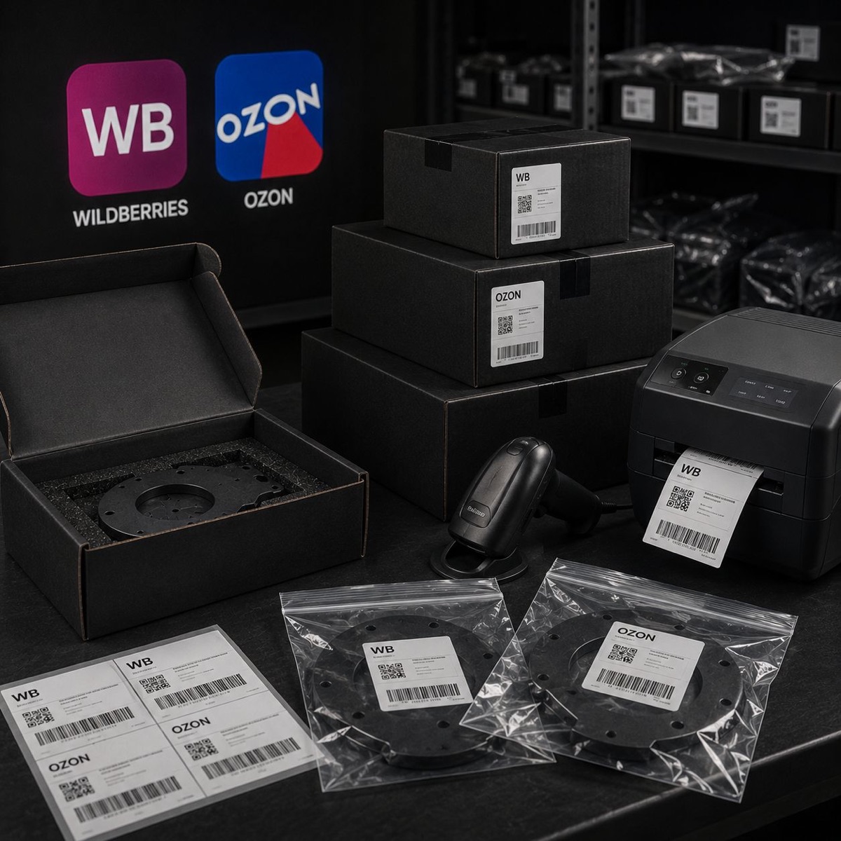 Product batch labeled for Wildberries and Ozon: boxes with labels, a custom insert, and a barcode printer