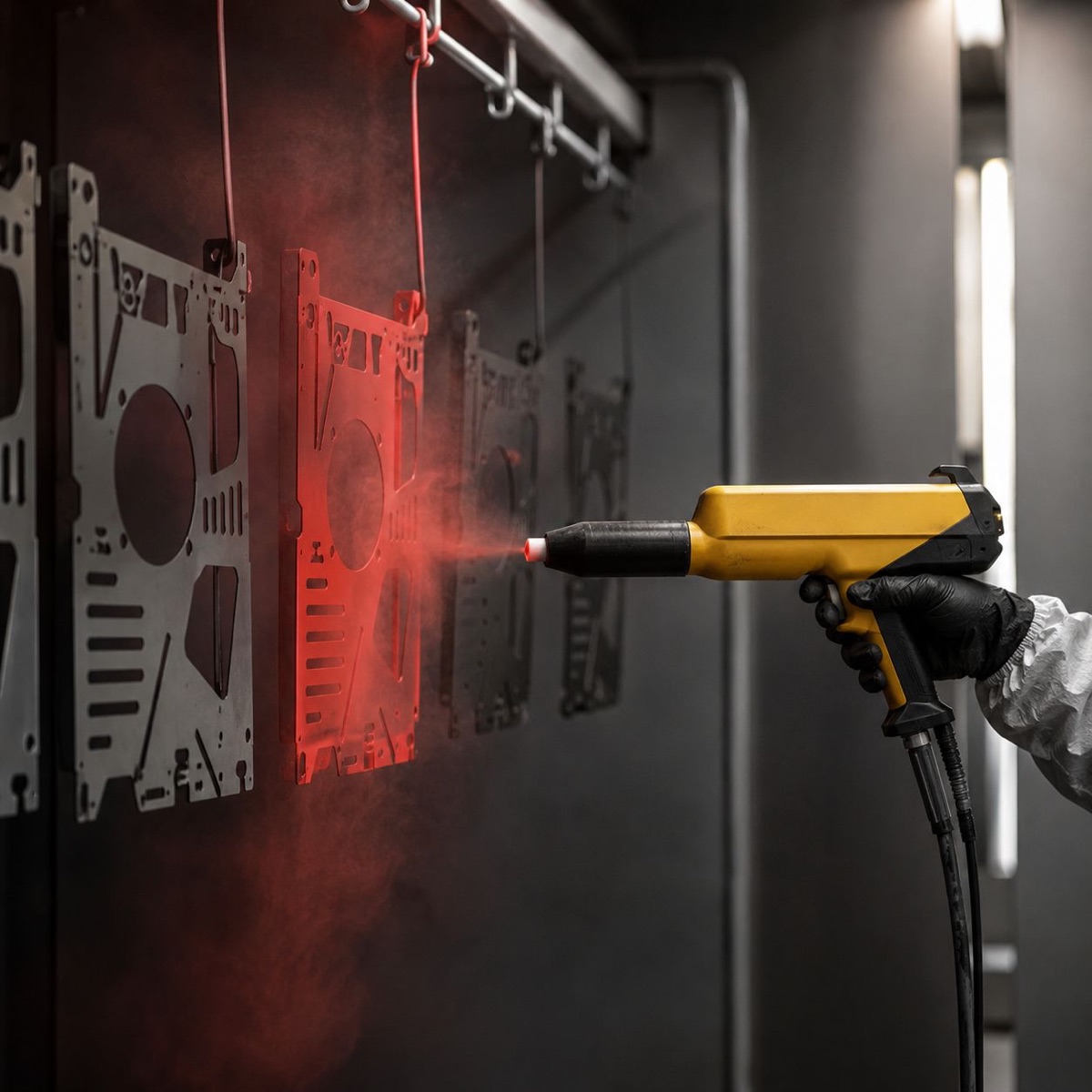 Coating being applied to suspended parts in a spray booth