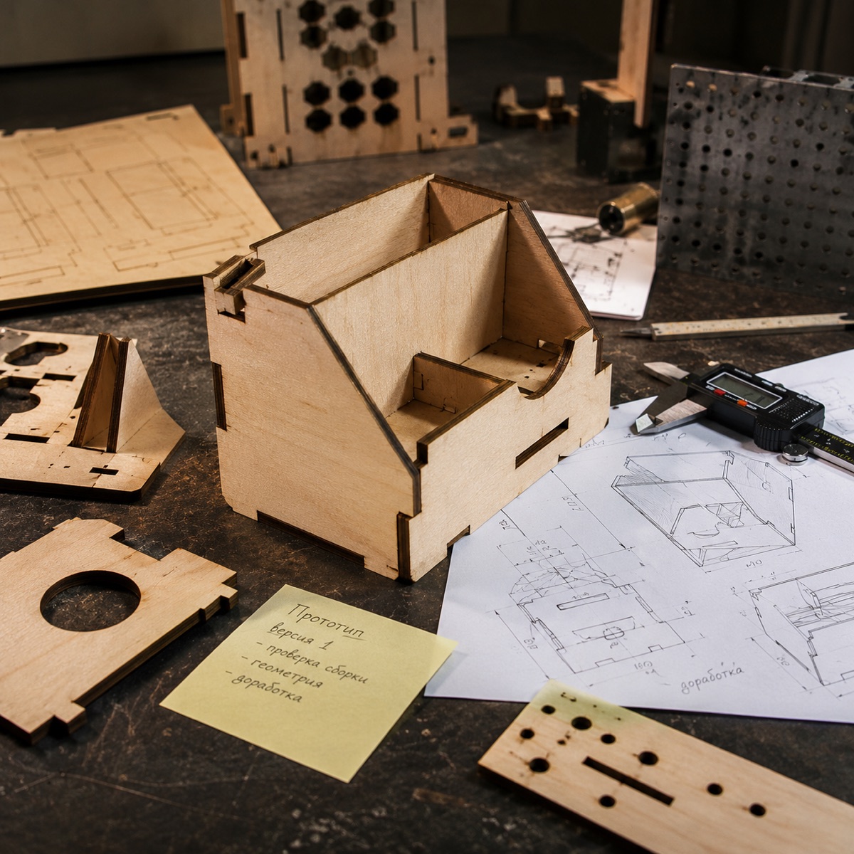 First version of a plywood desktop organizer prototype with drawings and calipers