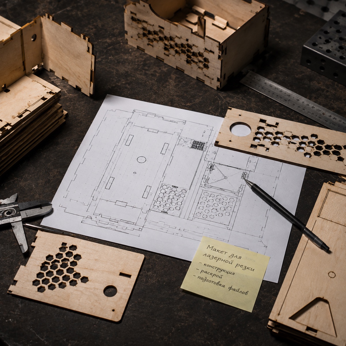 Nesting drawing, calipers and plywood parts cut out on the engineer's desk