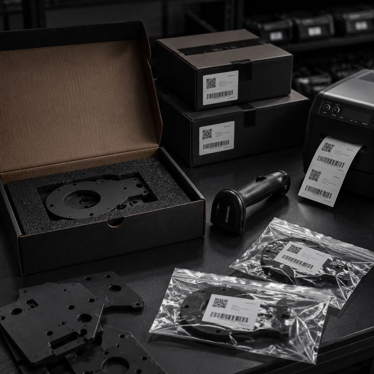 A box with a custom insert, labeled bags and a barcode printer at the packaging station